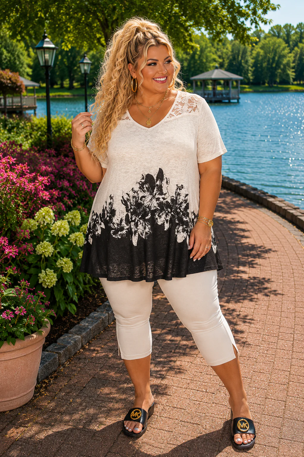 41 CP {Moonlit Moments} VOCAL Oatmeal Top w/ Lace & Floral Design PLUS SIZE XL 2X 3X