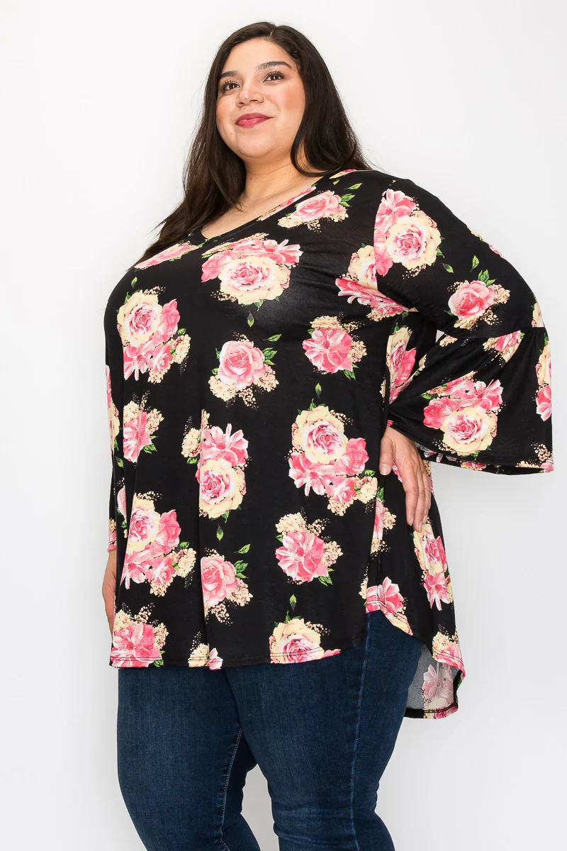 42 PQ {Every Rose} Black/Pink & Yellow Rose Print Top EXTENDED PLUS SIZE 3X 4X 5X - Image 3