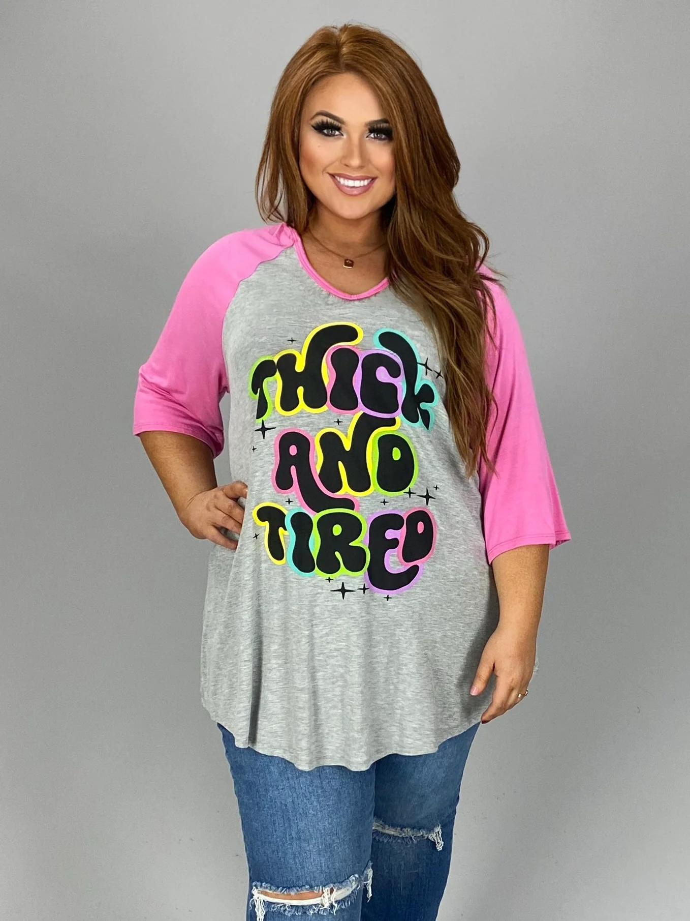 45 GT {Thick and Tired} Grey/Pink Graphic Tee Curvy Brand XL 2X 3X 4X 5X 6X (May Size Down 1 Size) - Image 3
