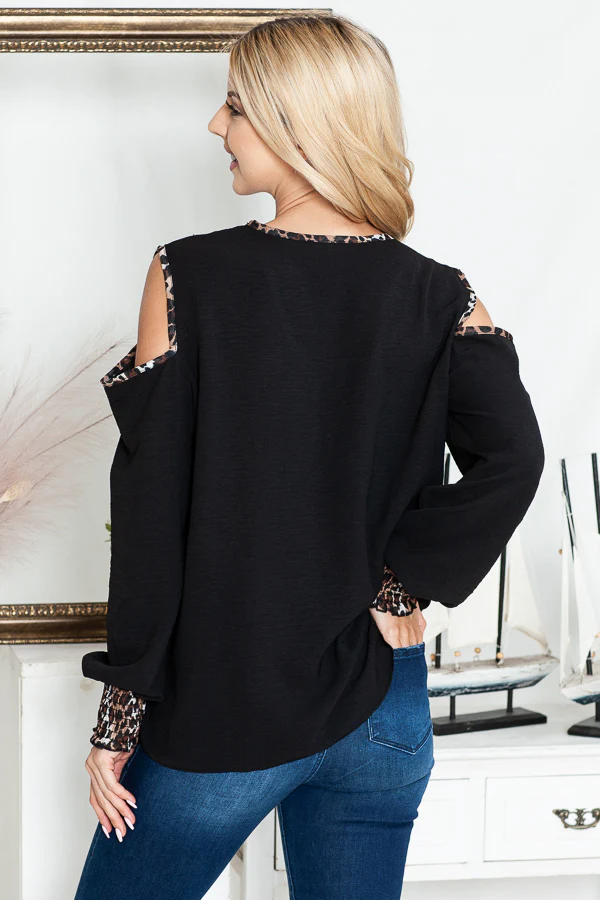 46 OS {Leopard Defined} Black Cold Shoulder Top PLUS SIZE XL 2X 3X - Image 5