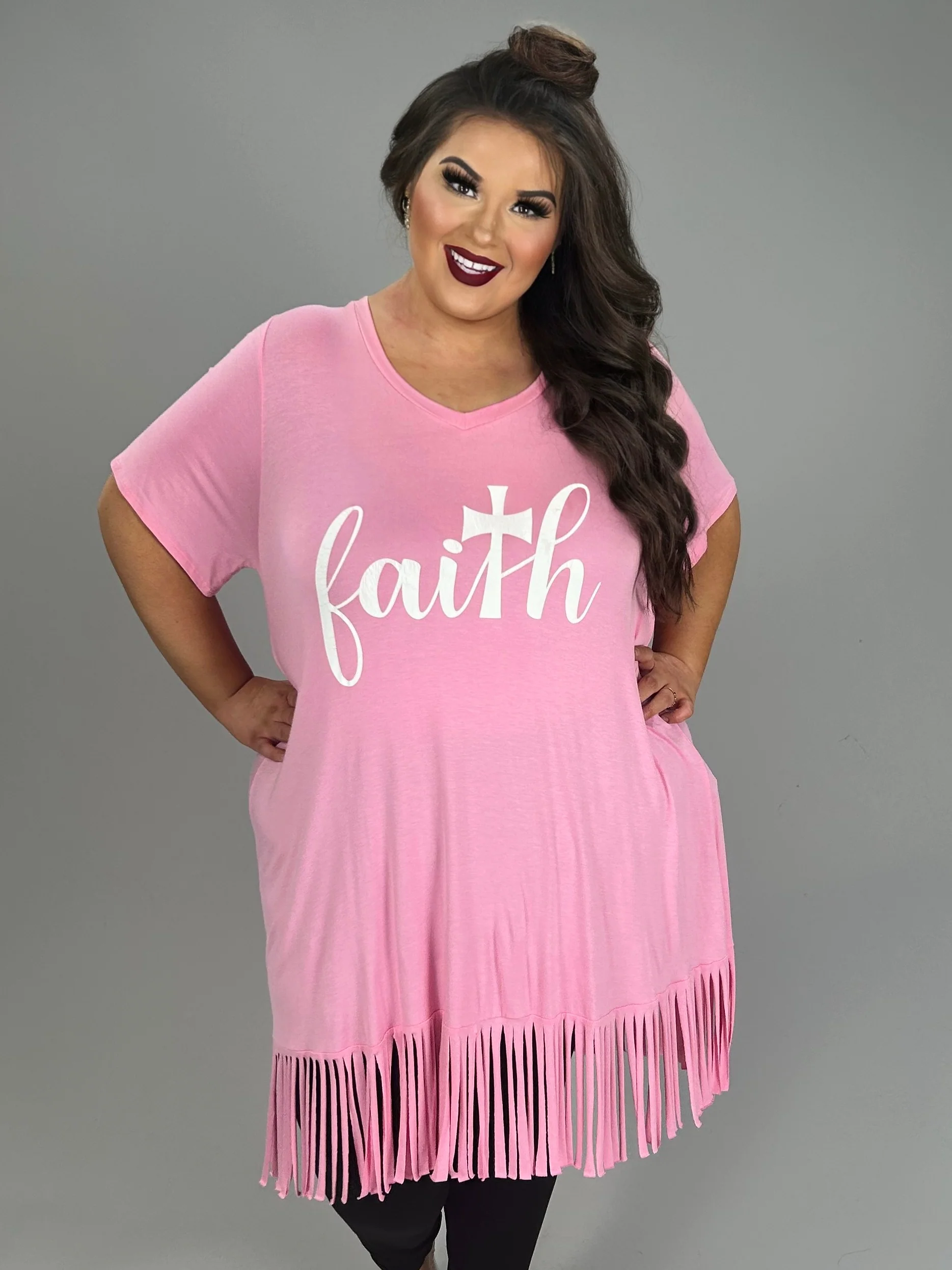 48 GT-B {Matthew 17:20} Pink "Faith" Fringed Tunic PLUS SIZE  XL 2X 3X 4X 5X 6X - Image 2