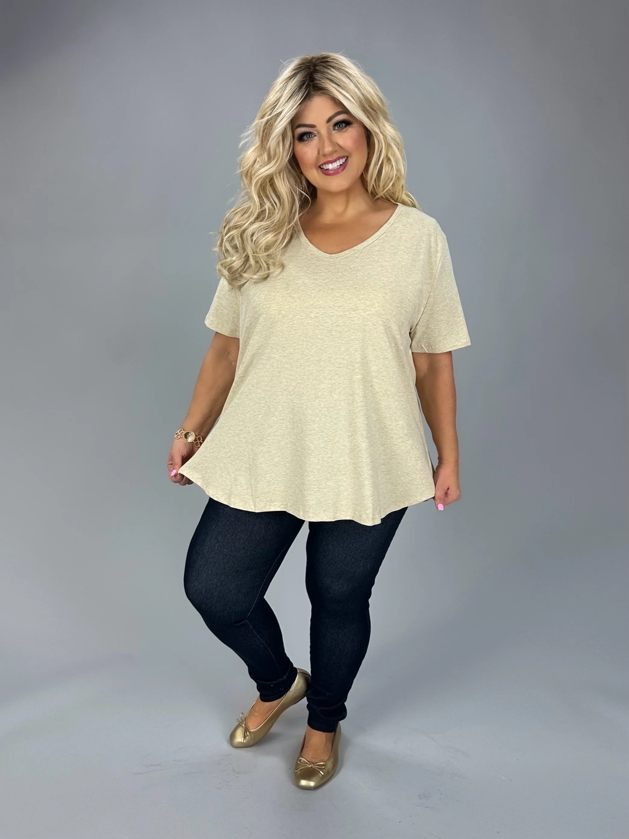 48 SSS {I'm Just A Girl} Oatmeal V-Neck Short Sleeve Top PLUS SIZE 1X 2X 3X