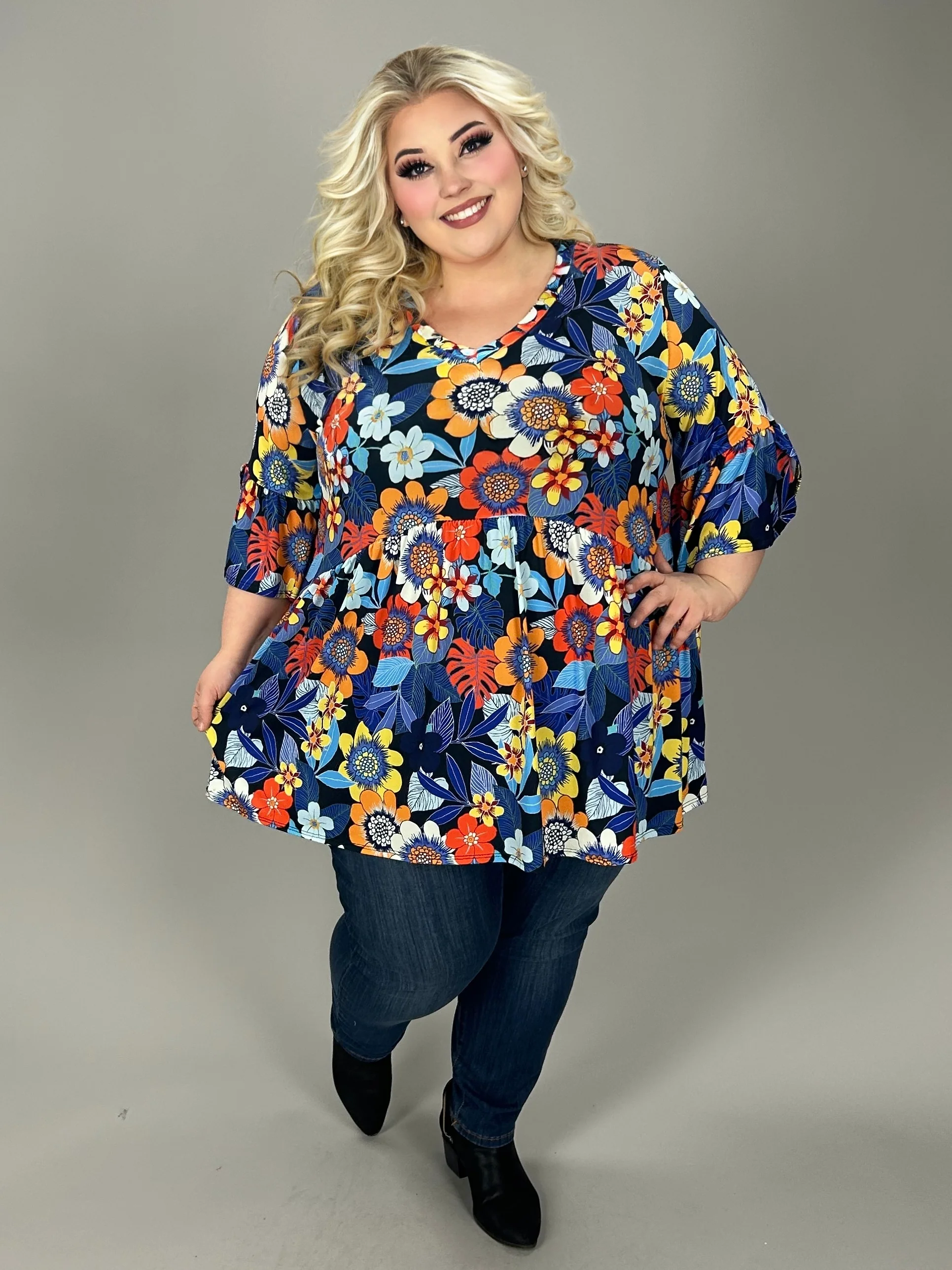 49 PSS {Garden Gate} Blue/Orange Floral Babydoll V-Neck Top  EXTENDED PLUS SIZE 3X 4X 5X - Image 4