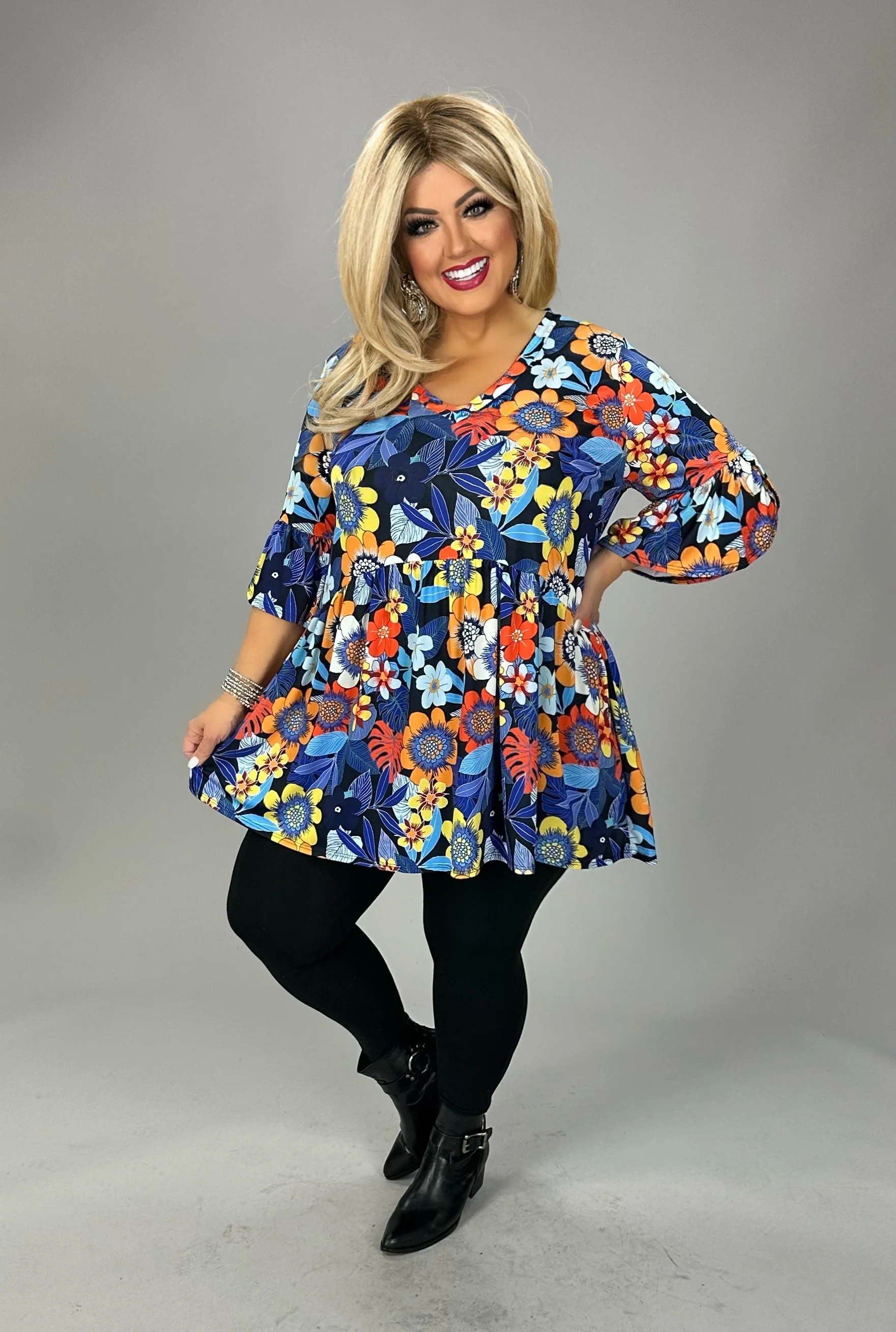 49 PSS {Garden Gate} Blue/Orange Floral Babydoll V-Neck Top  EXTENDED PLUS SIZE 3X 4X 5X - Image 5
