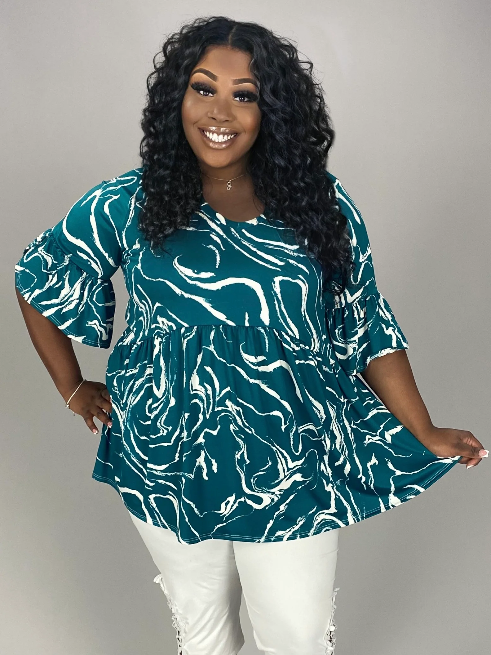 50 PSS {Your New Muse} Teal Swirl Babydoll V-Neck Top  EXTENDED PLUS SIZE 3X 4X 5X - Image 4