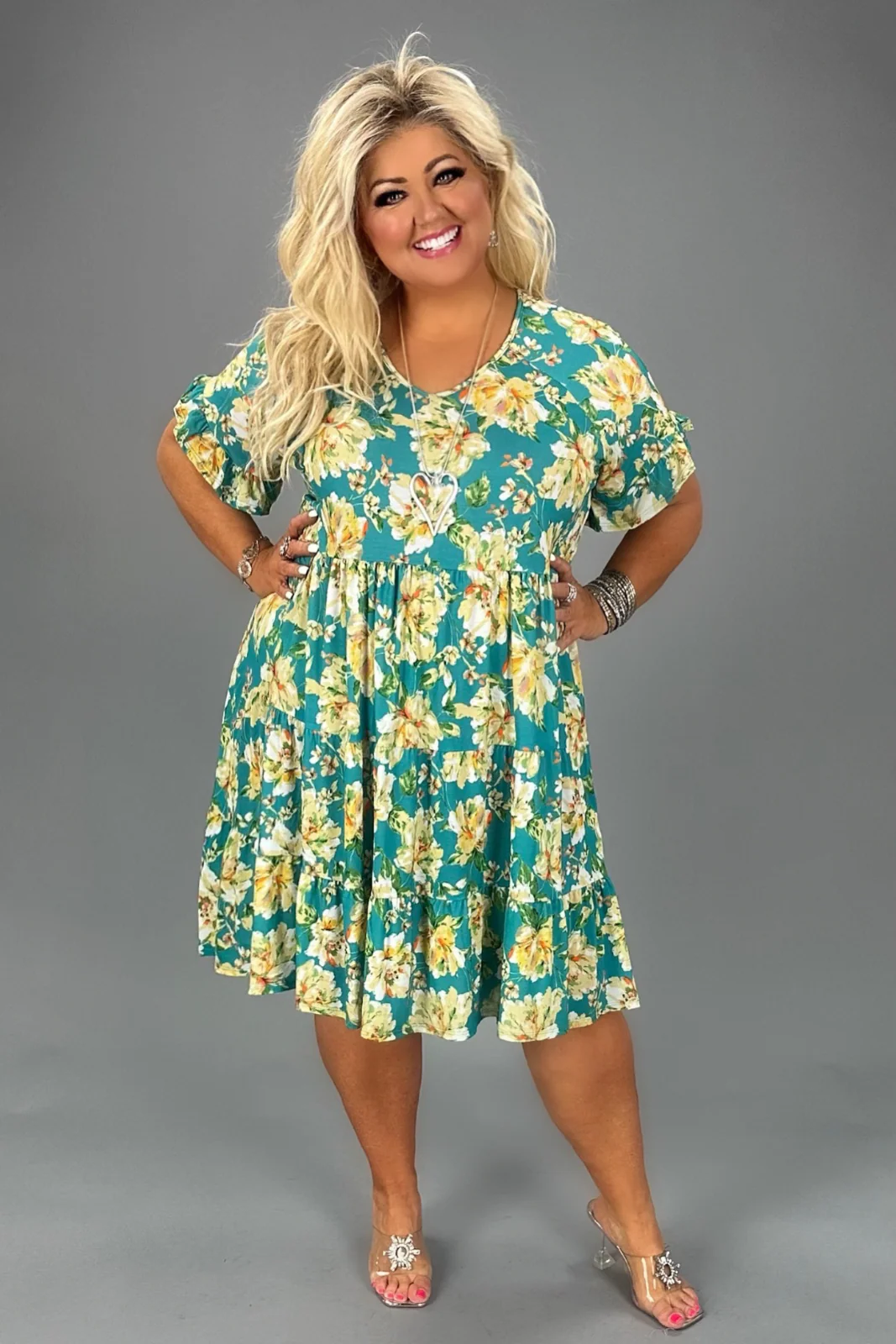 51 PSS-H {Original Love} Teal Floral Tiered Dress PLUS SIZE XL 2X 3X - Image 3