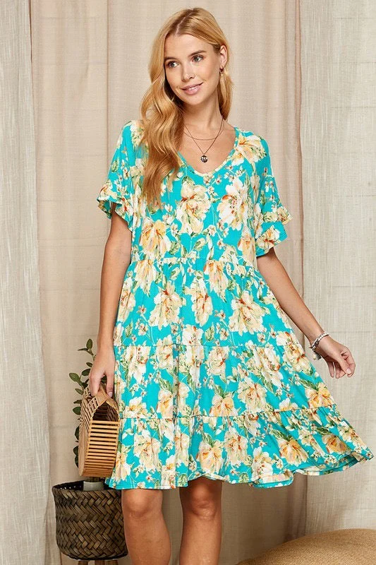 51 PSS-H {Original Love} Teal Floral Tiered Dress PLUS SIZE XL 2X 3X - Image 4