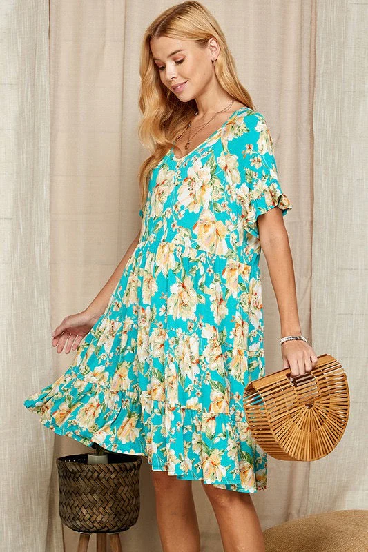 51 PSS-H {Original Love} Teal Floral Tiered Dress PLUS SIZE XL 2X 3X - Image 5