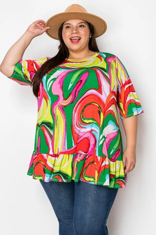 51 PSS {Turn Around} Pink Multi Abstract Print Ruffle Hem Top EXTENDED PLUS SIZE 3X 4X 5X - Image 3