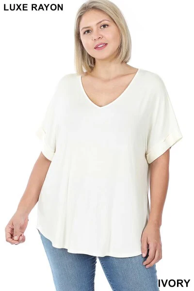 58   SSS-A  {Hint of Ivory} Ivory V-Neck Top Short Cuffed Sleeve Top PLUS SIZE 1X 2X 3X - Image 3