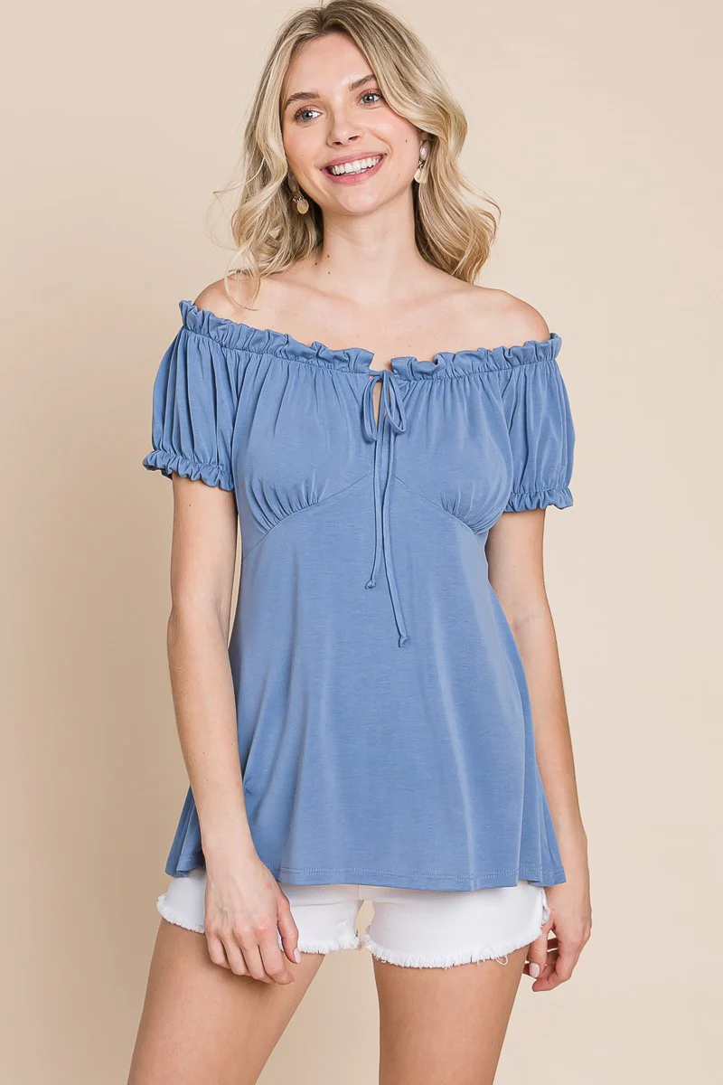 59 OS {Country Chic} Dusty Blue Off Shoulder Top PLUS SIZE 1X 2X 3X - Image 2