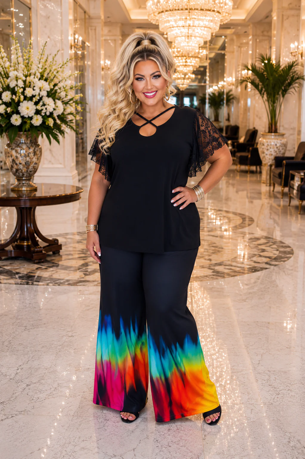 61 SD {Lucky Coincidences} VOCAL Black Cross Neck Top w/ Lace Sleeves PLUS SIZE XL 2X 3X