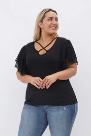 61 SD {Lucky Coincidences} VOCAL Black Cross Neck Top w/ Lace Sleeves PLUS SIZE XL 2X 3X - Image 2