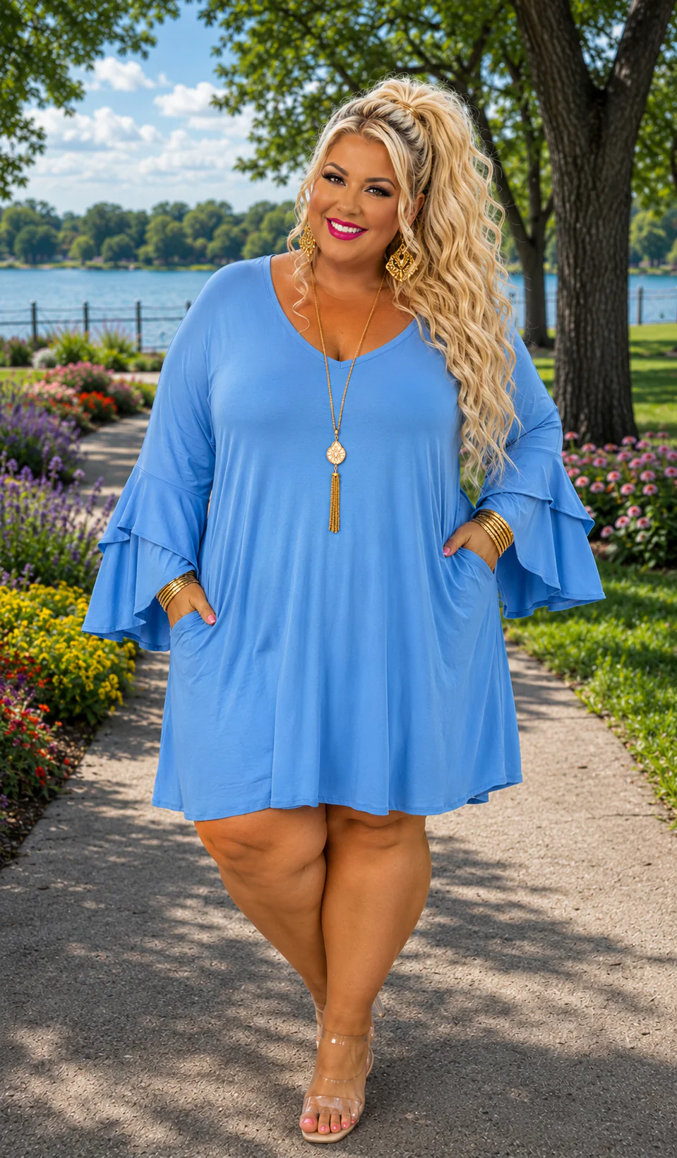 61 SQ {No Excuses} Spring Blue V-Neck Tiered Sleeve Dress PLUS SIZE 1X 2X 3X