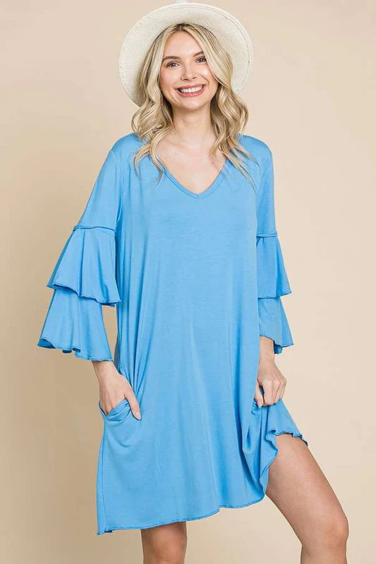 61 SQ {No Excuses} Spring Blue V-Neck Tiered Sleeve Dress PLUS SIZE 1X 2X 3X - Image 3