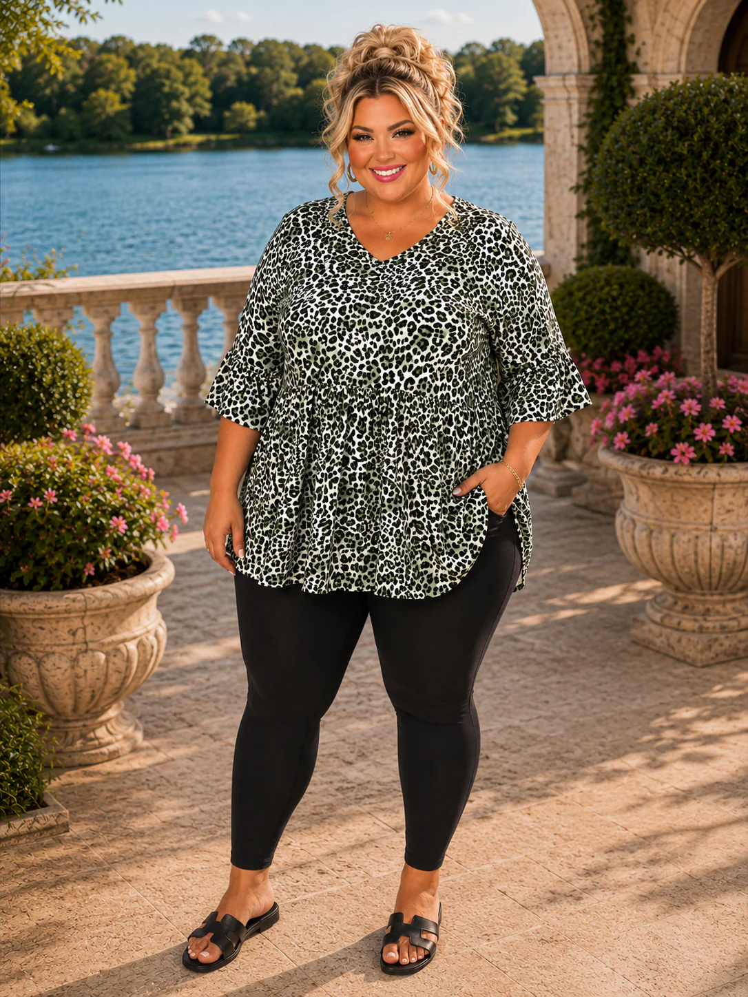 65 PSS {No Time To Waste} Green Leopard Print Babydoll Top EXTENDED PLUS SIZE 3X 4X 5X