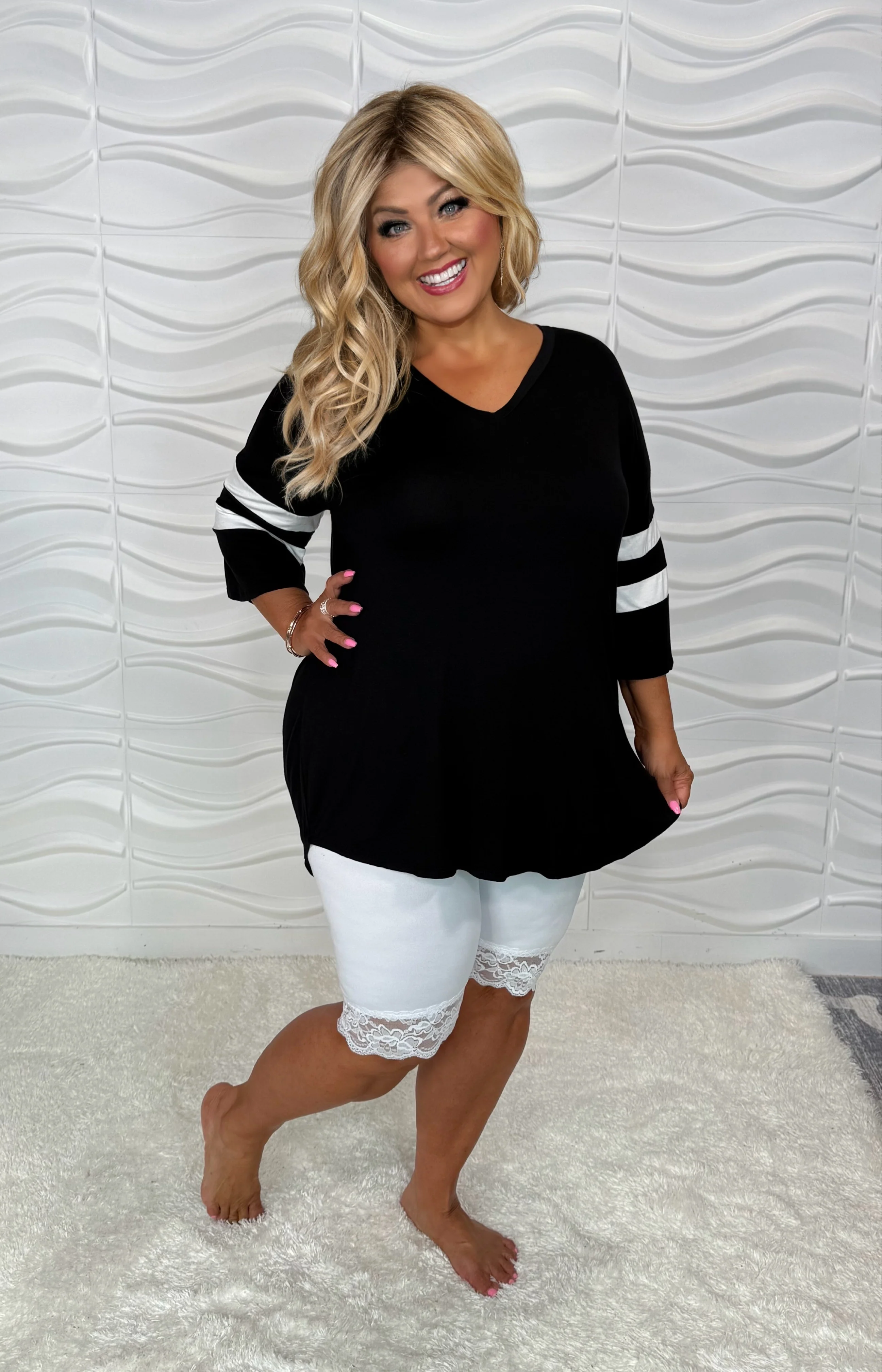 69 CP-R {Pleasantly Surprised} Black V-Neck Top w/Striped Sleeve PLUS SIZE XL 2X 3X
