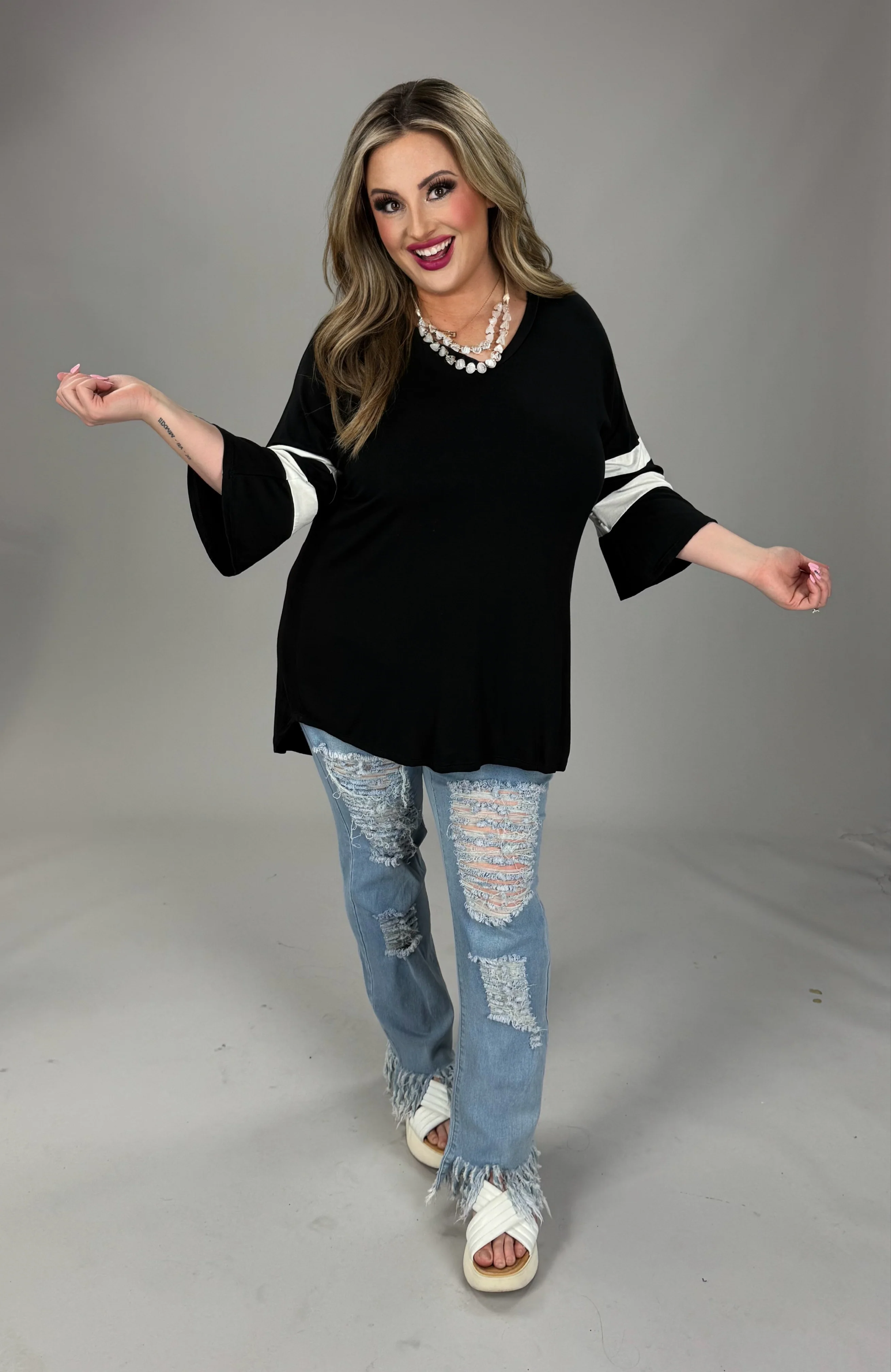 69 CP-R {Pleasantly Surprised} Black V-Neck Top w/Striped Sleeve PLUS SIZE XL 2X 3X - Image 2