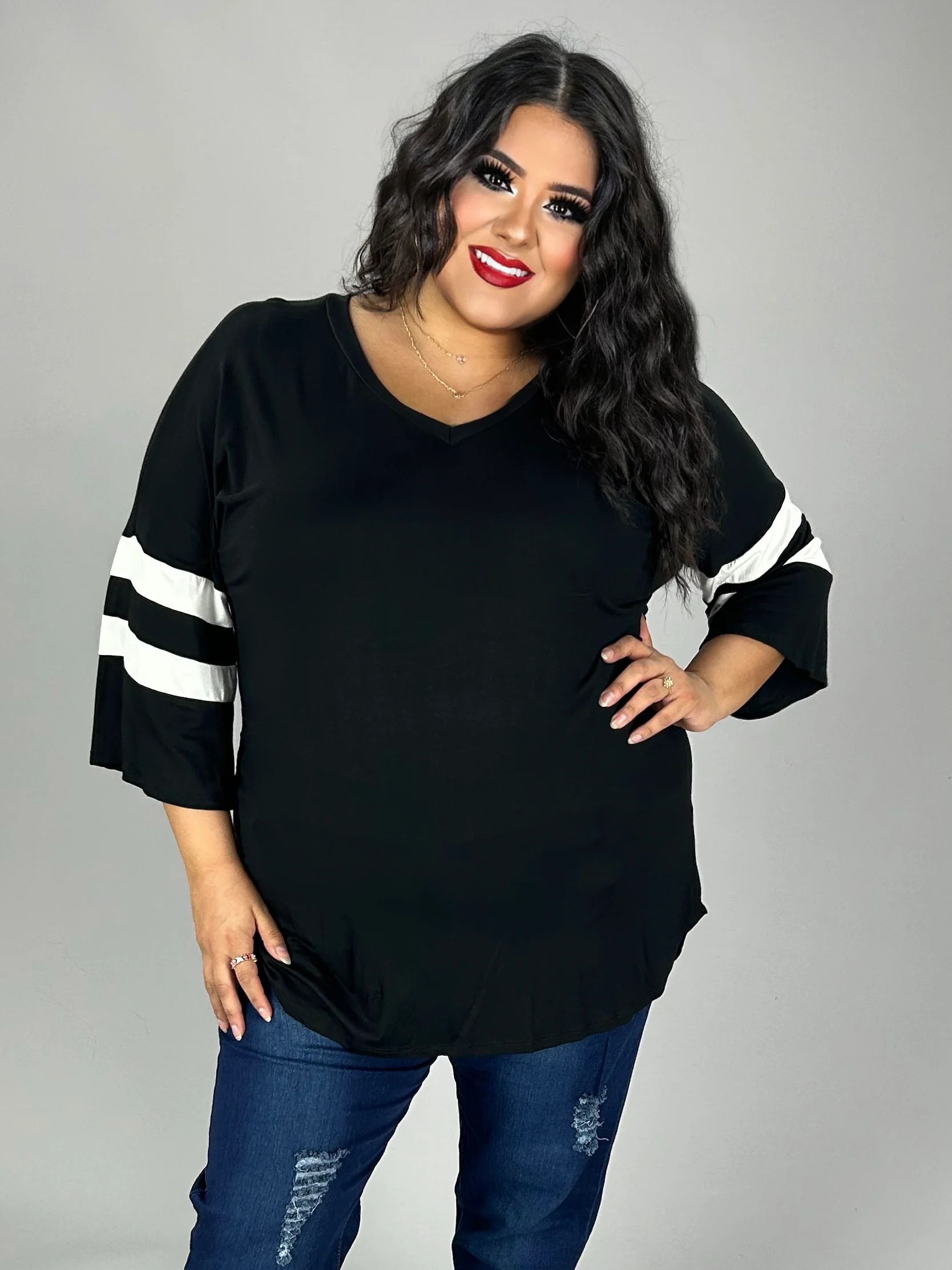 69 CP-R {Pleasantly Surprised} Black V-Neck Top w/Striped Sleeve PLUS SIZE XL 2X 3X - Image 4