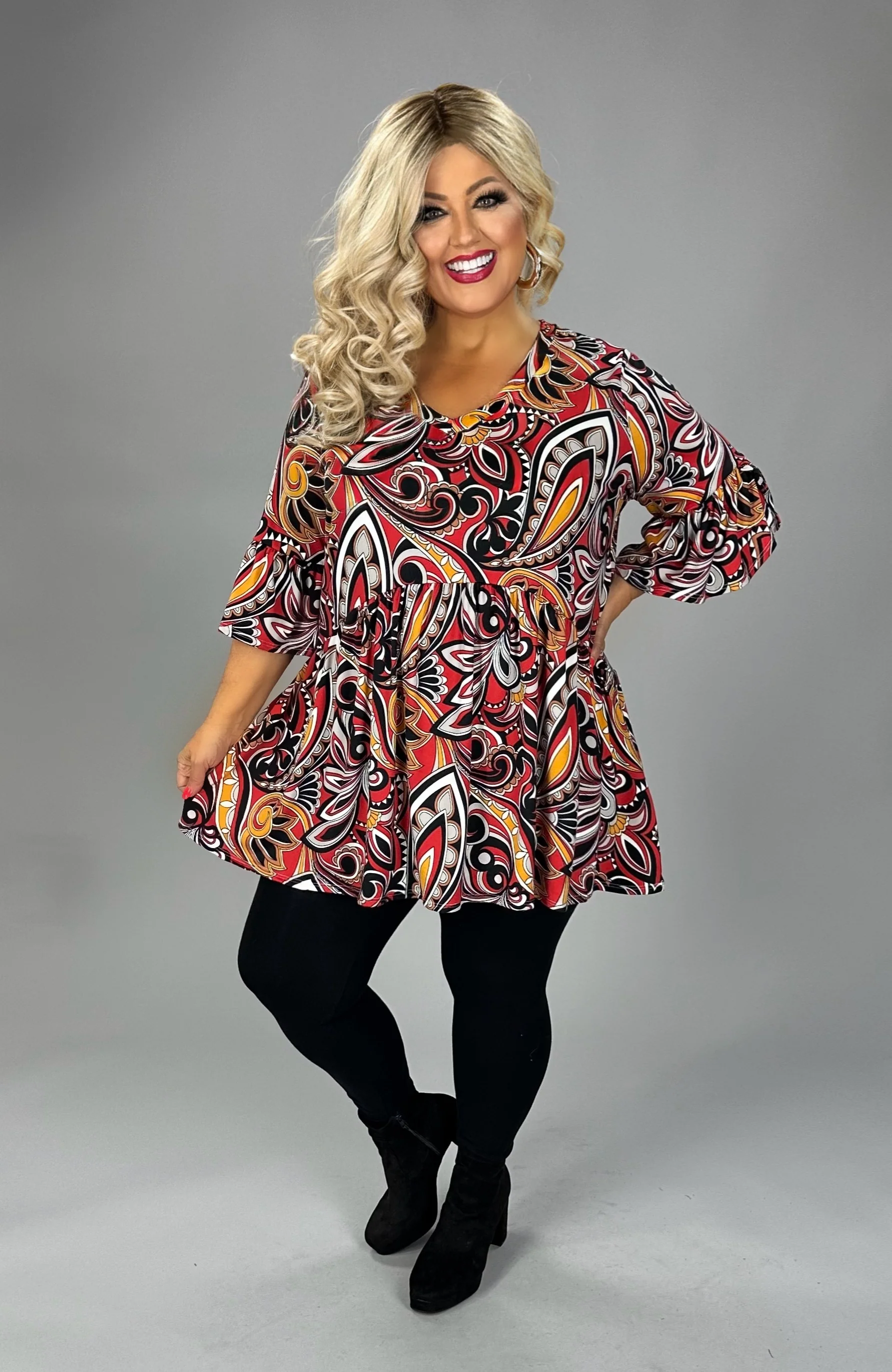 69 PSS {Profess Your Love} Red/Mustard Paisley Babydoll  V-Neck Top EXTENDED PLUS SIZE XL 2X 3X 4X 5X - Image 3