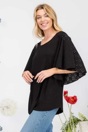 72 SSS {Whisk Me Away} Black Top w/Eyelet Sleeves PLUS SIZE XL 2X 3X - Image 3