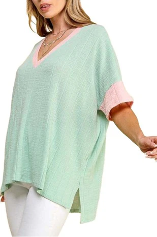 74 CP {Let's Get Honest} Mint/Peach Ribbed V-Neck Top PLUS SIZE 1X 2X 3X - Image 5