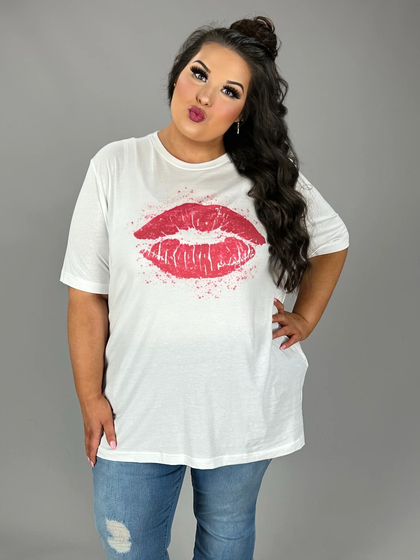 75 GT-R {Hot Lips} White/Pink Splatter Lips Graphic Tee PLUS SIZE 3X - Image 4