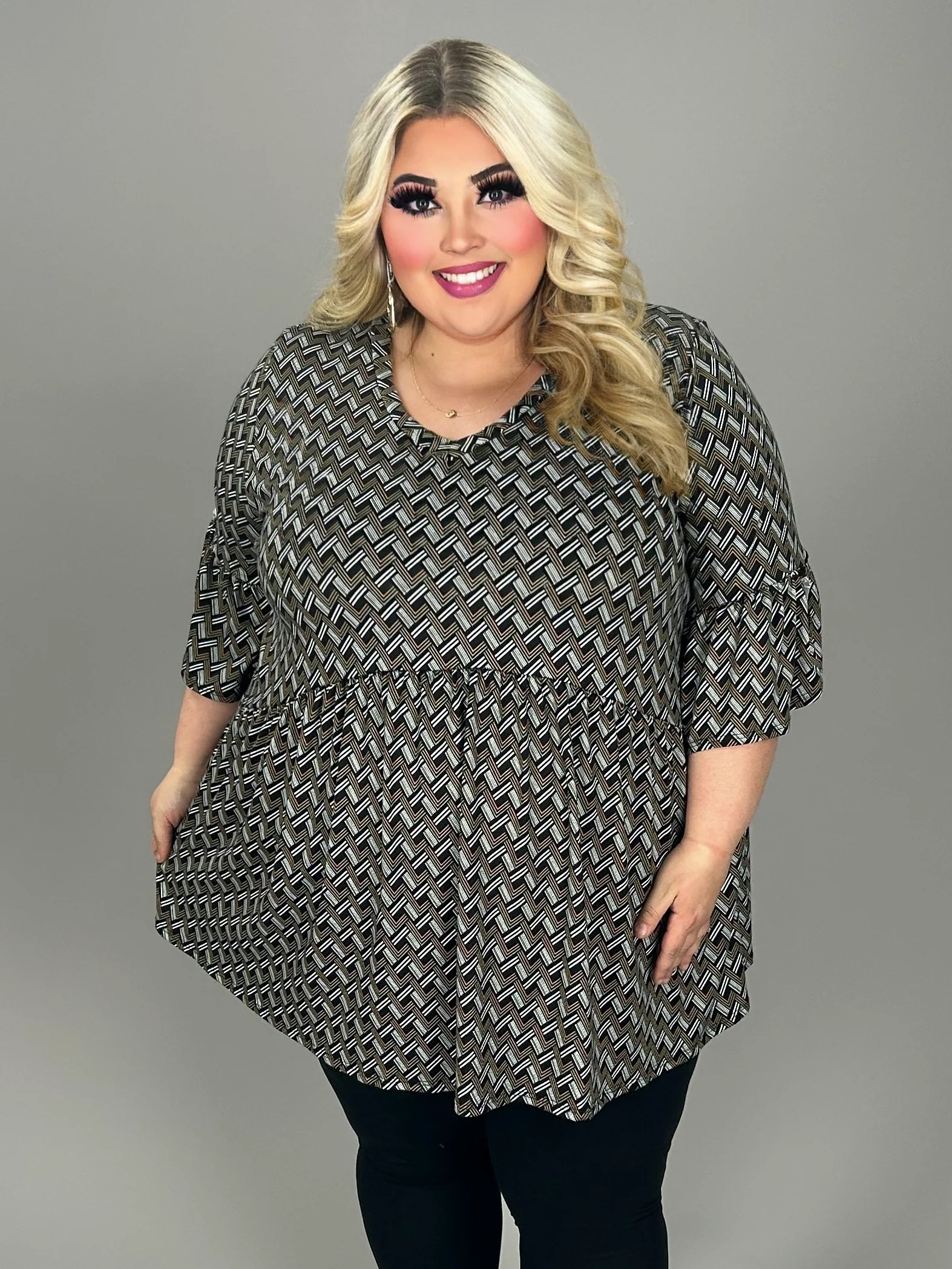 75 PSS {Life Is Sweet} Black  Zig Zag Print Babydoll Top EXTENDED PLUS 3X 4X 5X - Image 2
