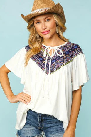 76 CP {All By Myself} Ivory/Tribal Print Tied Keyhole Top PLUS SIZE 1X 2X 3X - Image 3