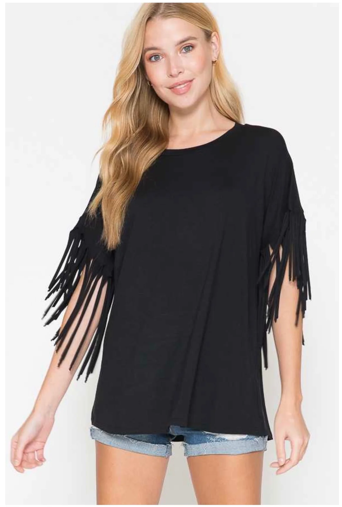 77 SSS-F {Flirty in Fringe} Black Tunic W/Fringe Sleeves PLUS SIZE 1X 2X 3X - Image 3