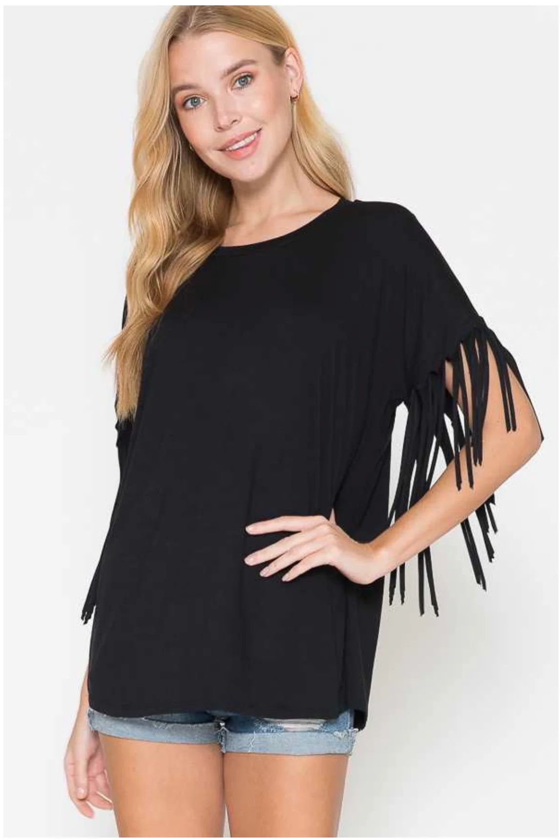 77 SSS-F {Flirty in Fringe} Black Tunic W/Fringe Sleeves PLUS SIZE 1X 2X 3X - Image 4