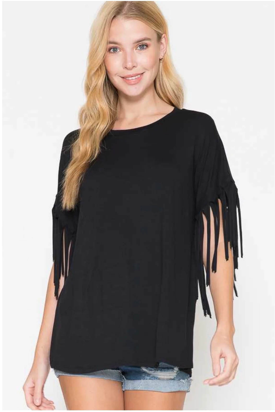 77 SSS-F {Flirty in Fringe} Black Tunic W/Fringe Sleeves PLUS SIZE 1X 2X 3X - Image 5