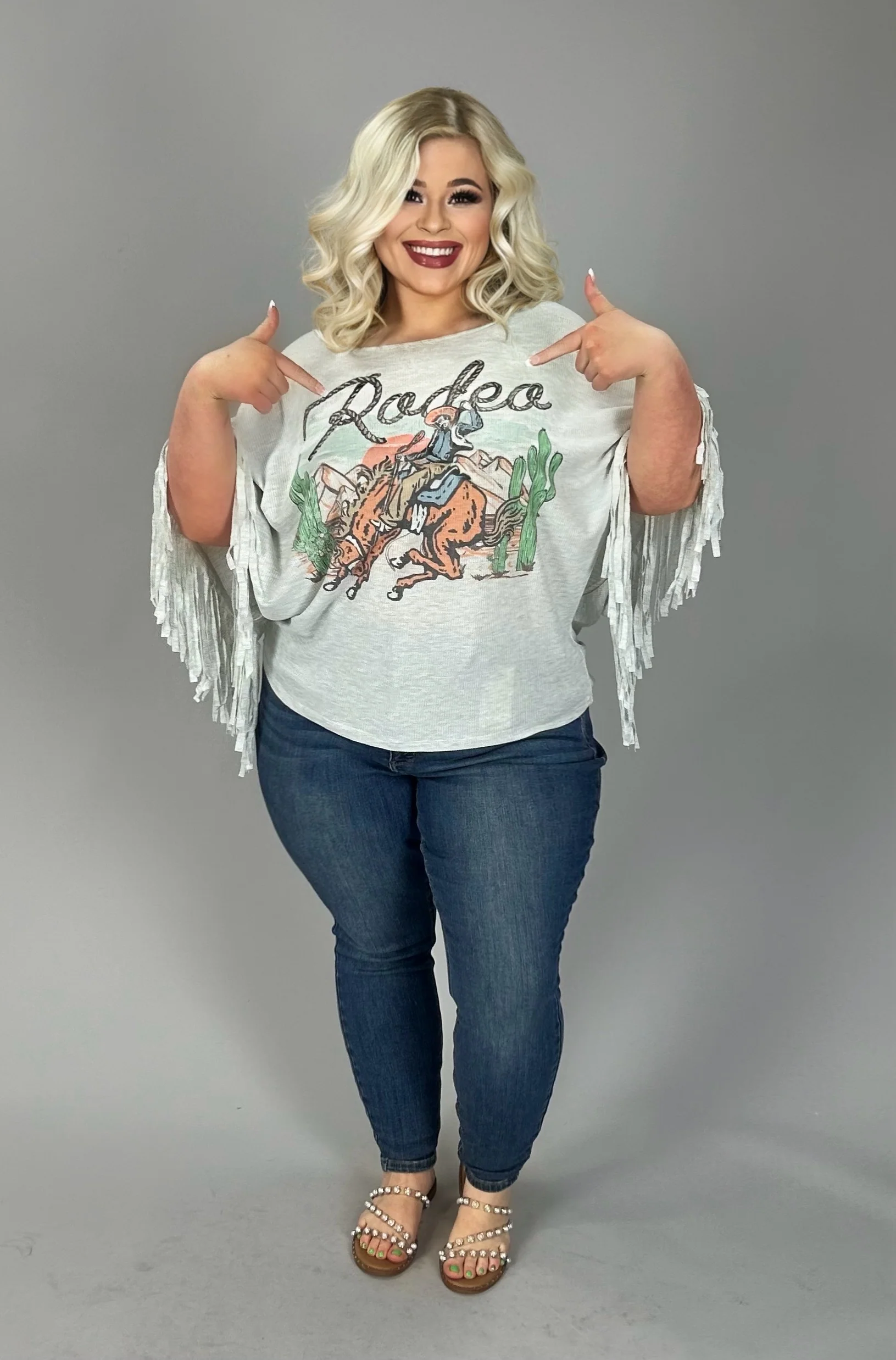 81 GT-X {Rodeo Ride} Lt. Grey Dolman Fringe Top PLUS SIZE 1X 2X 3X - Image 2