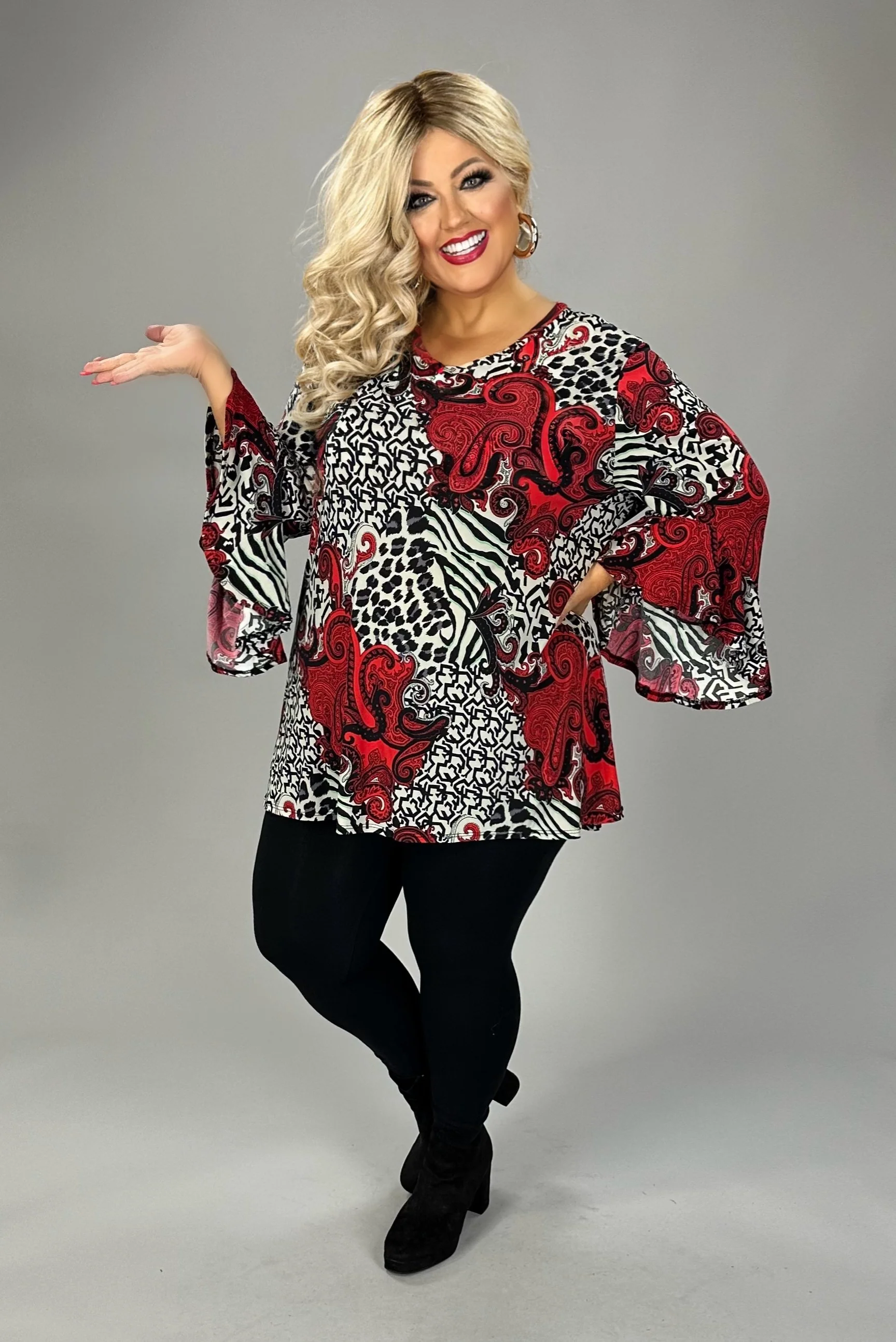 81 PQ {Chasing Perfection} Black/Red Mixed Print Ruffle Sleeve Top EXTENDED PLUS 4X 5X 6X - Image 3