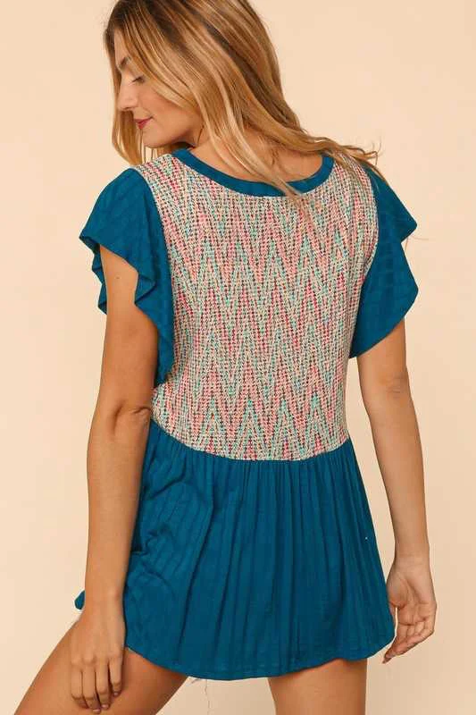 82 CP-P {Unique Feeling} Teal/Ivory Mix Babydoll Top PLUS SIZE XL 2X 3X - Image 3
