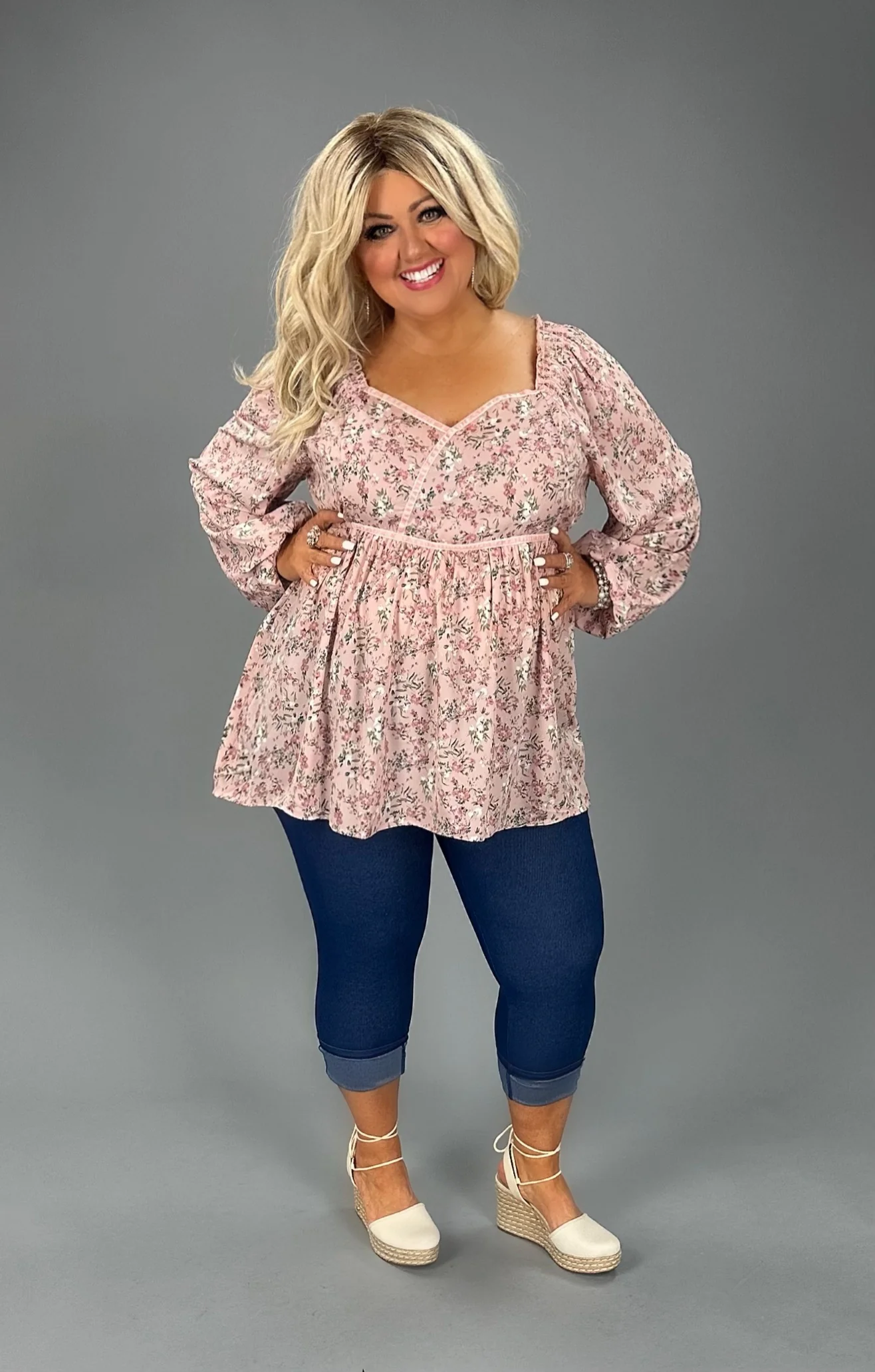 83 PLS-Z {Growing Fonder} Umgee Blush Floral  Babydoll Top  PLUS SIZE XL 1X 2X - Image 3