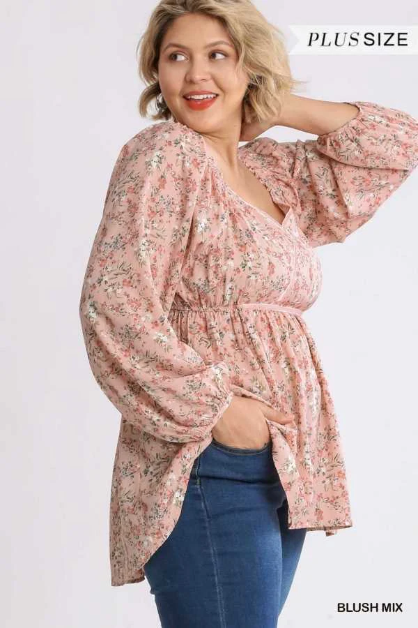 83 PLS-Z {Growing Fonder} Umgee Blush Floral  Babydoll Top  PLUS SIZE XL 1X 2X - Image 4