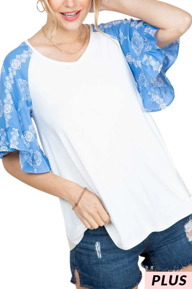 84 CP-E {Dreaming Of Love} Ivory/Denim Blue Print Top PLUS SIZE 1X 2X 3X - Image 3