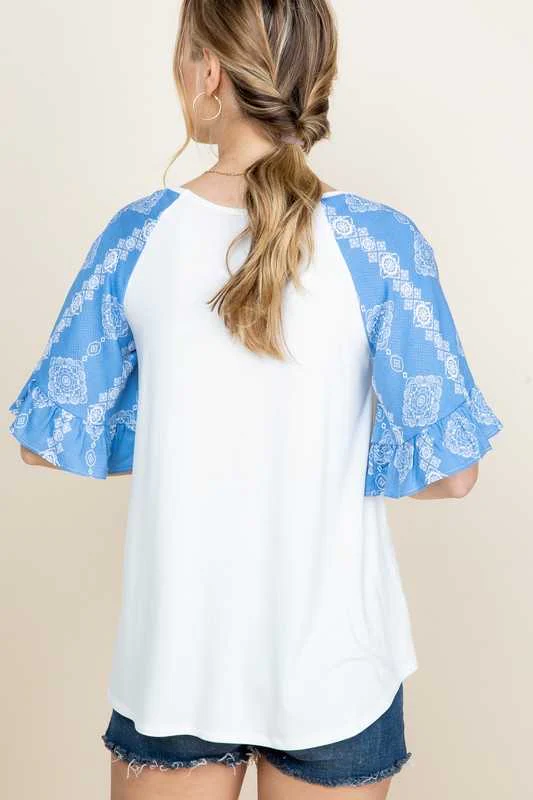 84 CP-E {Dreaming Of Love} Ivory/Denim Blue Print Top PLUS SIZE 1X 2X 3X - Image 4