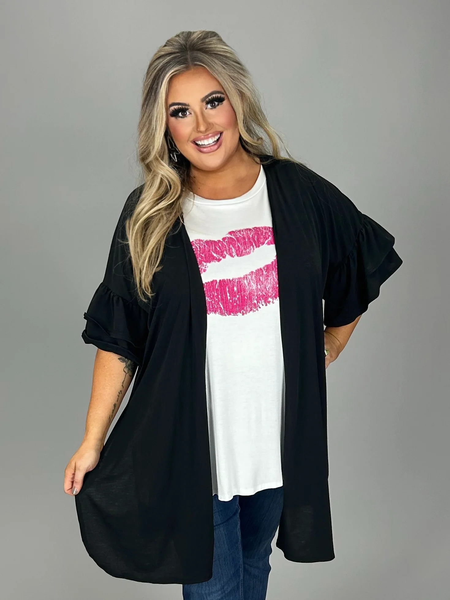 85 OT {Grand Vision} Black Ruffle Sleeve Cardigan PLUS SIZE 1X 2X 3X - Image 4