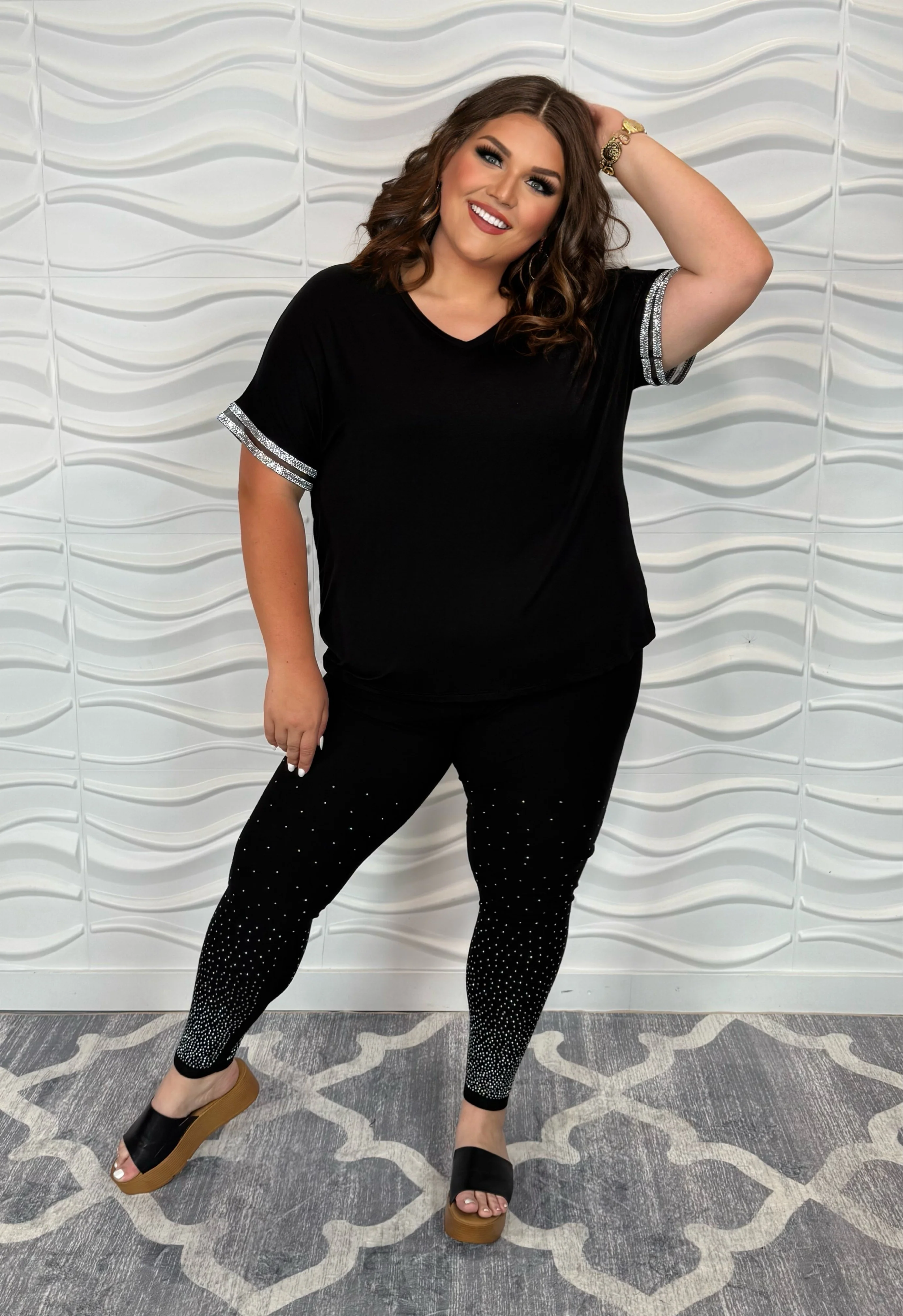 85 SD {Fool Me Once} VOCAL Black V-Neck Top w/ Rhinestone Sleeve Detail PLUS SIZE XL 2X 3X