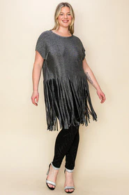86 SSS {Definite Icon} VOCAL Silver Glittery Top w/ Fringe Hem - Image 2