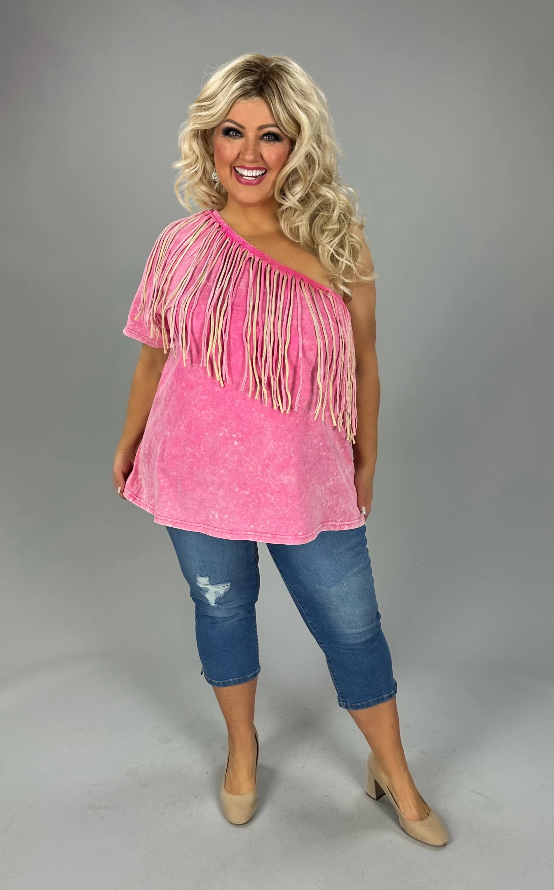 87 OS-A {Honey Punch}  Washed Fuchsia Double Fringed Top PLUS SIZE 1X 2X 3X - Image 2