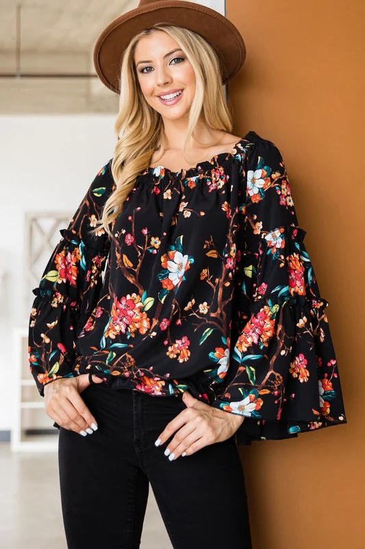 96 OS-A {Make My Heart Race} Black Floral Ruffled Sleeve Top PLUS SIZE XL 2X 3X - Image 3