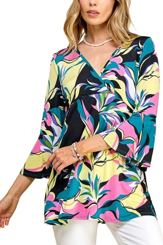 98 PQ {Make The Party} Black/Yellow Floral Print V-Neck Top PLUS SIZE XL 2X 3X - Image 2