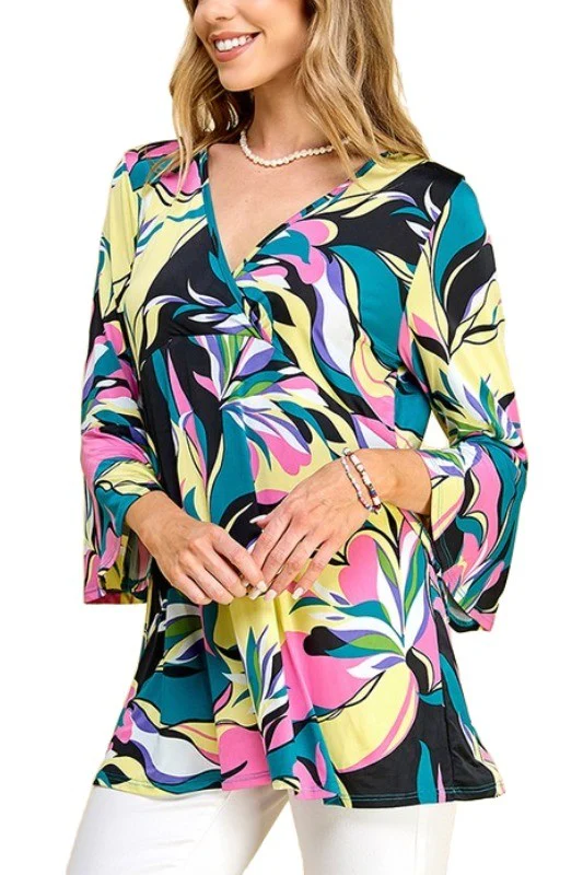 98 PQ {Make The Party} Black/Yellow Floral Print V-Neck Top PLUS SIZE XL 2X 3X - Image 3