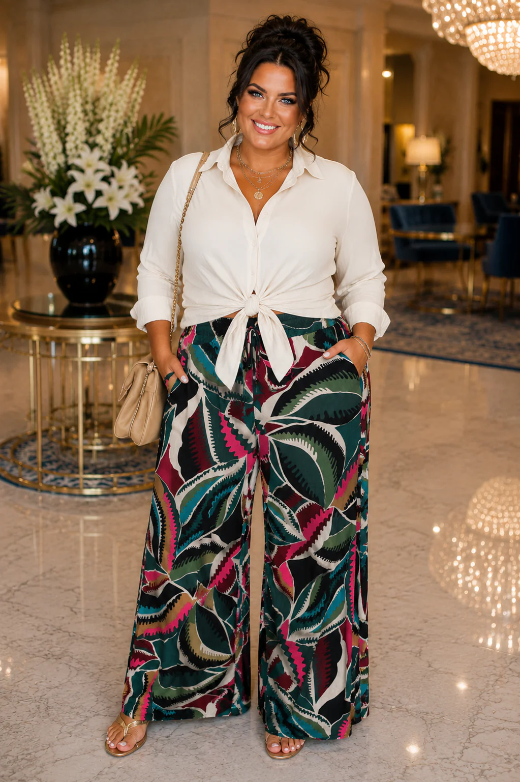 BT {Artistic Escape} Green Multi Print Wide Leg Pants PLUS SIZE 3X