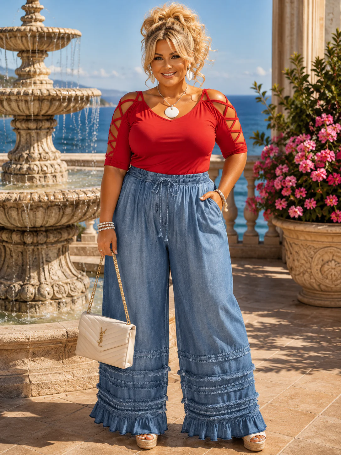 BT {Endless Wander} Tiered Chambray Wide Leg Palazzo Pants PLUS SIZE XL 1X 2X