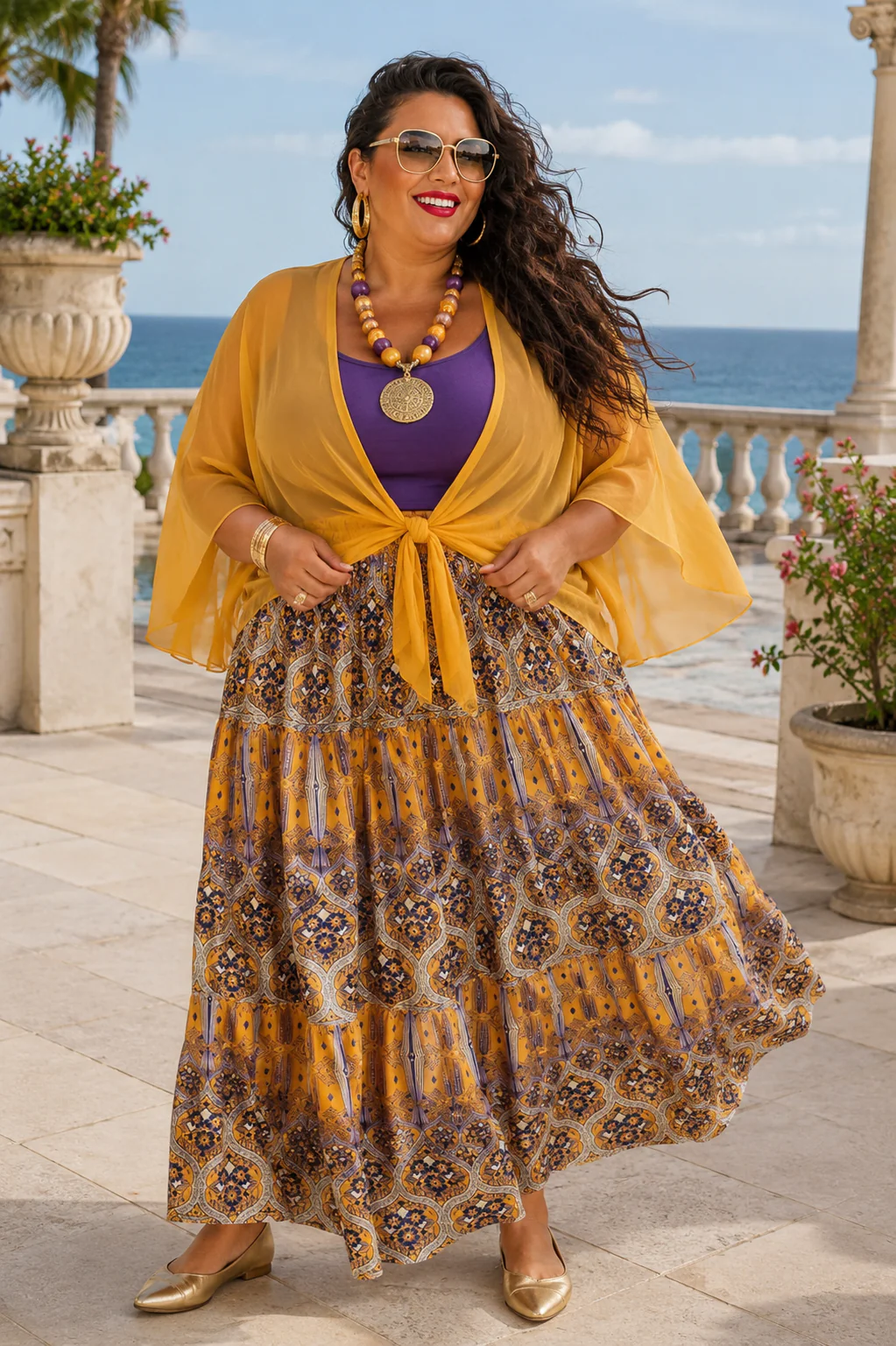 BT {Golden Wander} Golden Yellow Multi Print Tiered Skirt