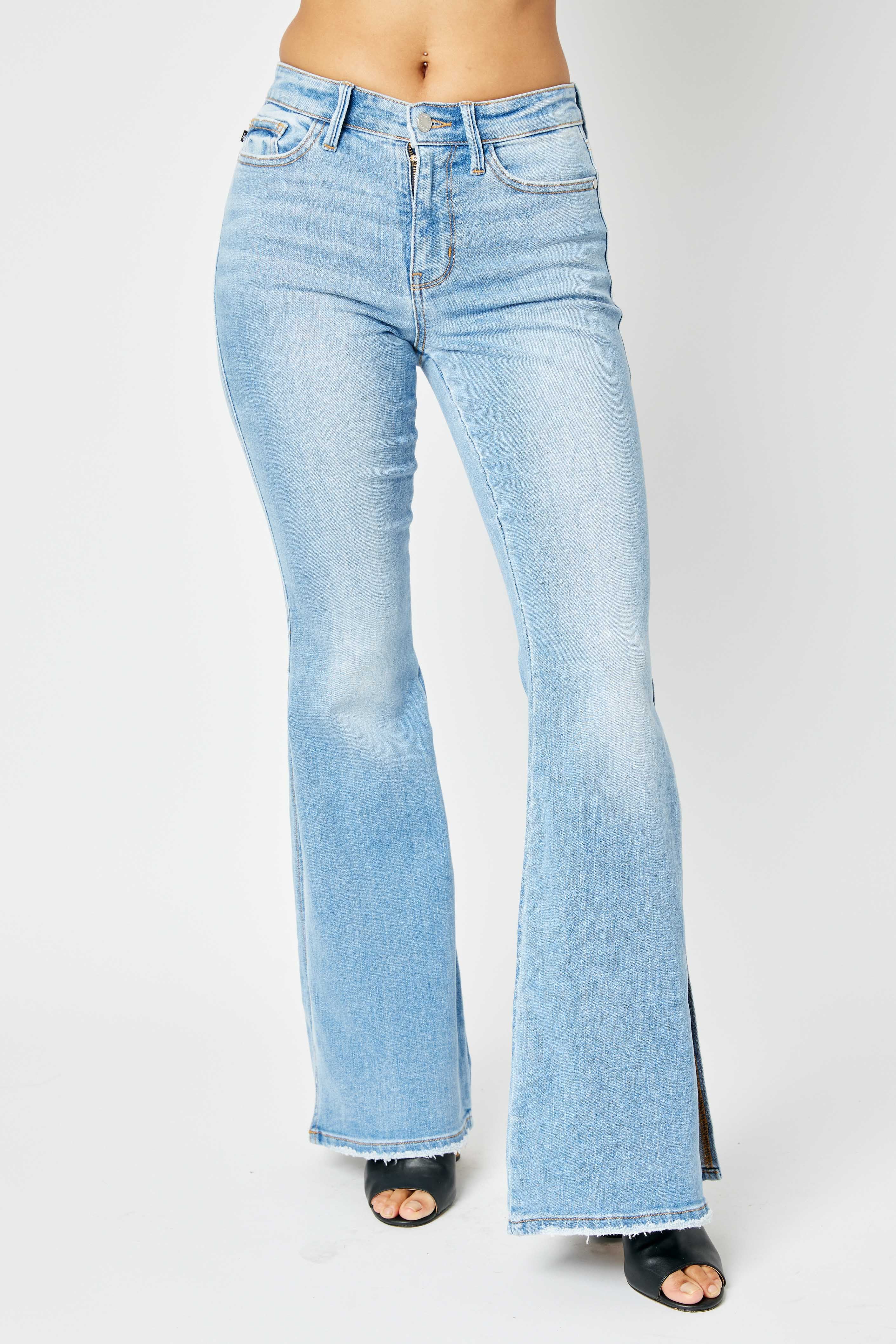 BT-P {Judy Blue} Med. Blue Mid-Rise Peak-A-Boot Slit Flare Jeans PLUS SIZE 14 16 - Image 4